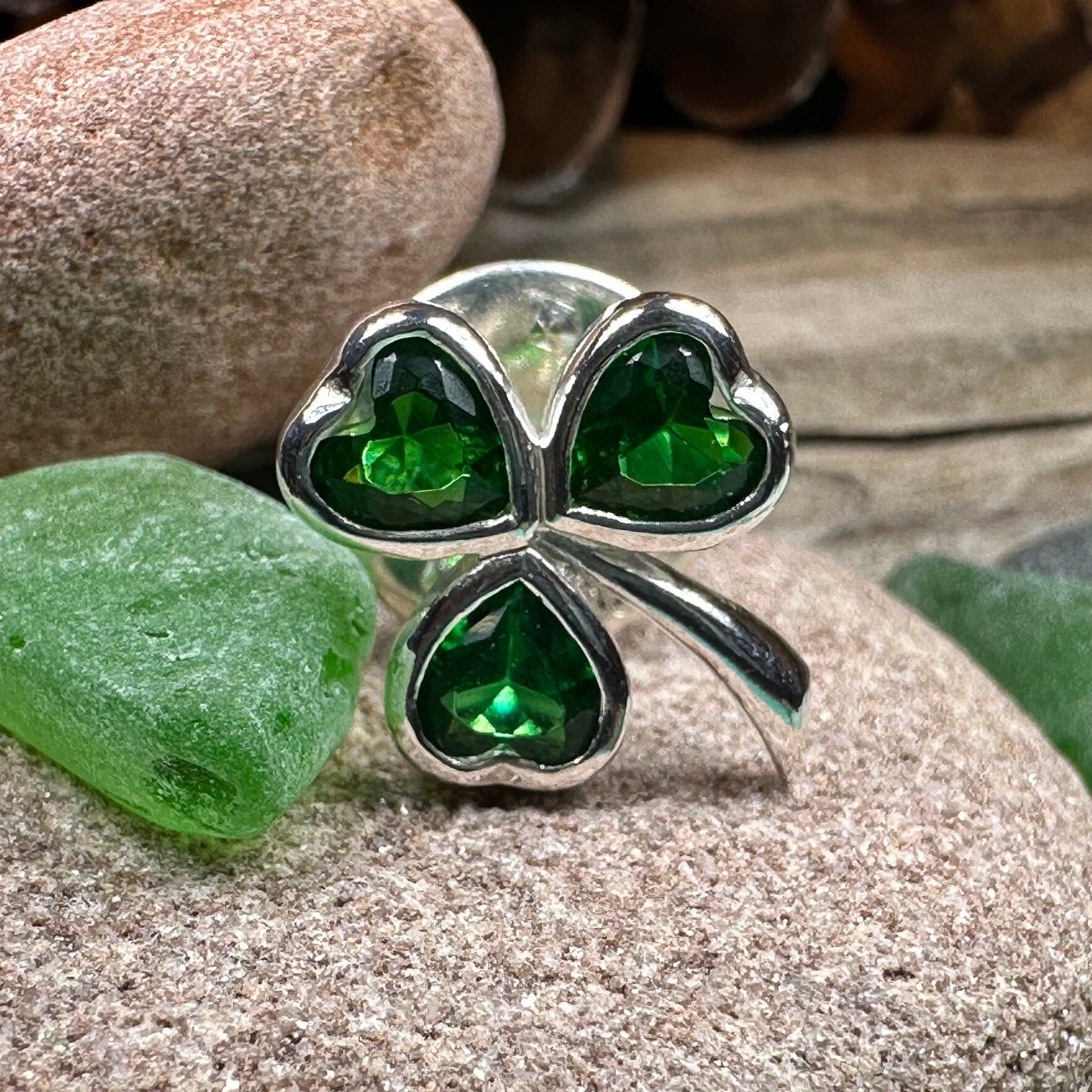 Irish Emerald Shamrock Lapel Pin by Celtic Crystal Design Jewelry, featuring a detailed green shamrock motif.