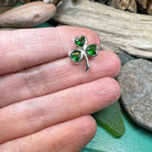 Irish Emerald Shamrock lapel pin by Celtic Crystal Design Jewelry featuring a detailed emerald shamrock design on a metal pin.