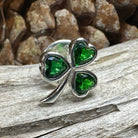 Irish Emerald Shamrock lapel pin by Celtic Crystal Design Jewelry featuring a vibrant green shamrock with intricate Celtic detailing