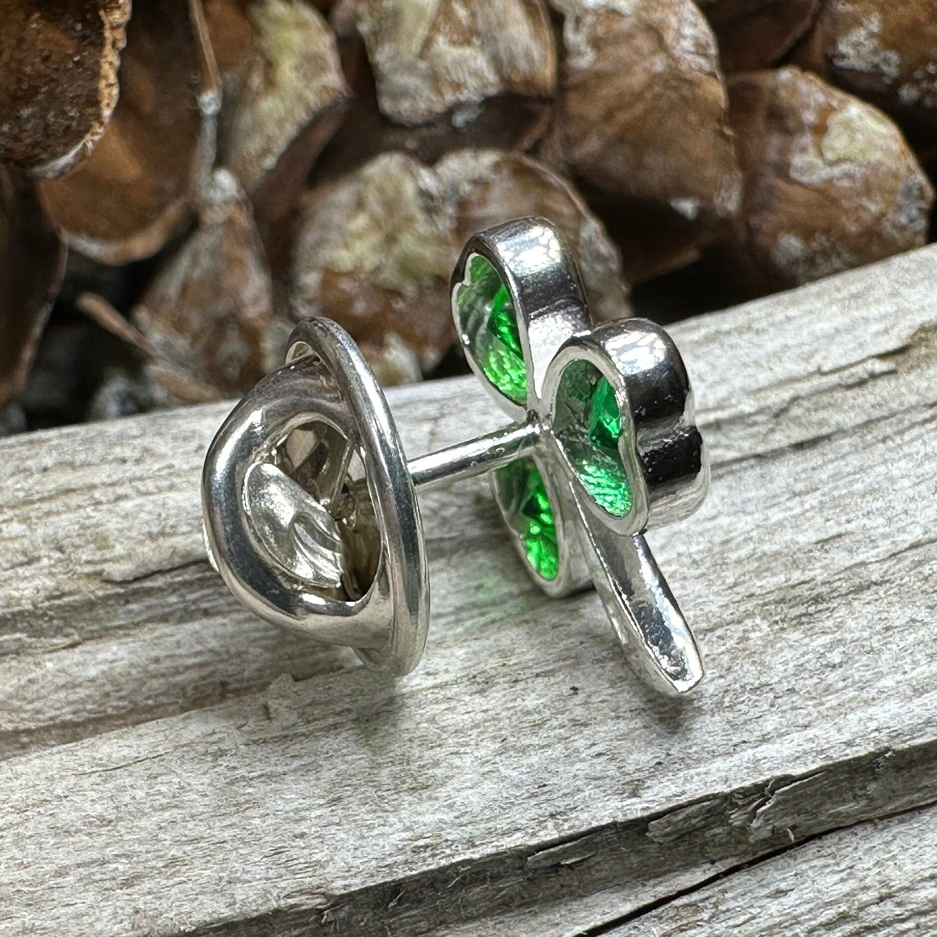 Irish Emerald Shamrock Lapel Pin by Celtic Crystal Design Jewelry, featuring a detailed green shamrock charm on a lapel pin.