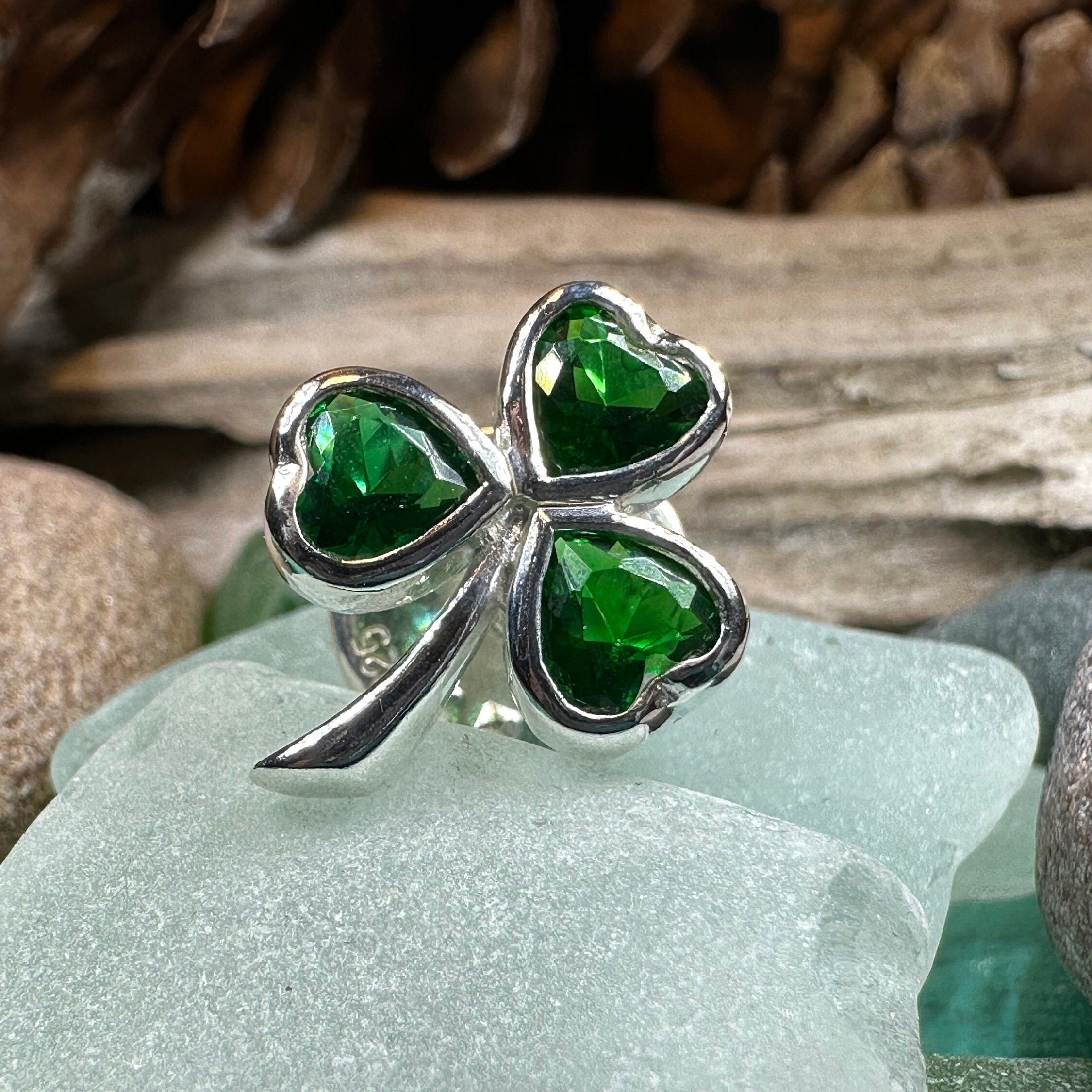 Irish Emerald Shamrock Lapel Pin by Celtic Crystal Design Jewelry, featuring a detailed green shamrock motif and Celtic-inspired design.