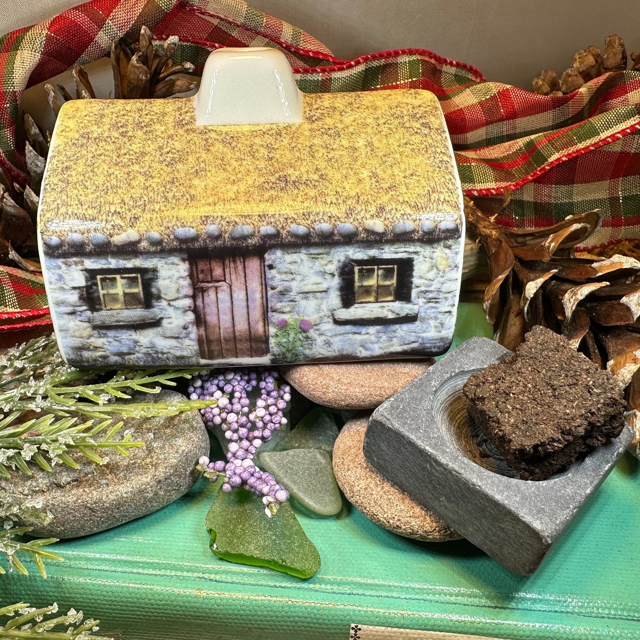 Scottish Cottage Turf Incense Burner by Celtic Crystal Design Jewelry, decorative gift with intricate Celtic motifs and cottage design.