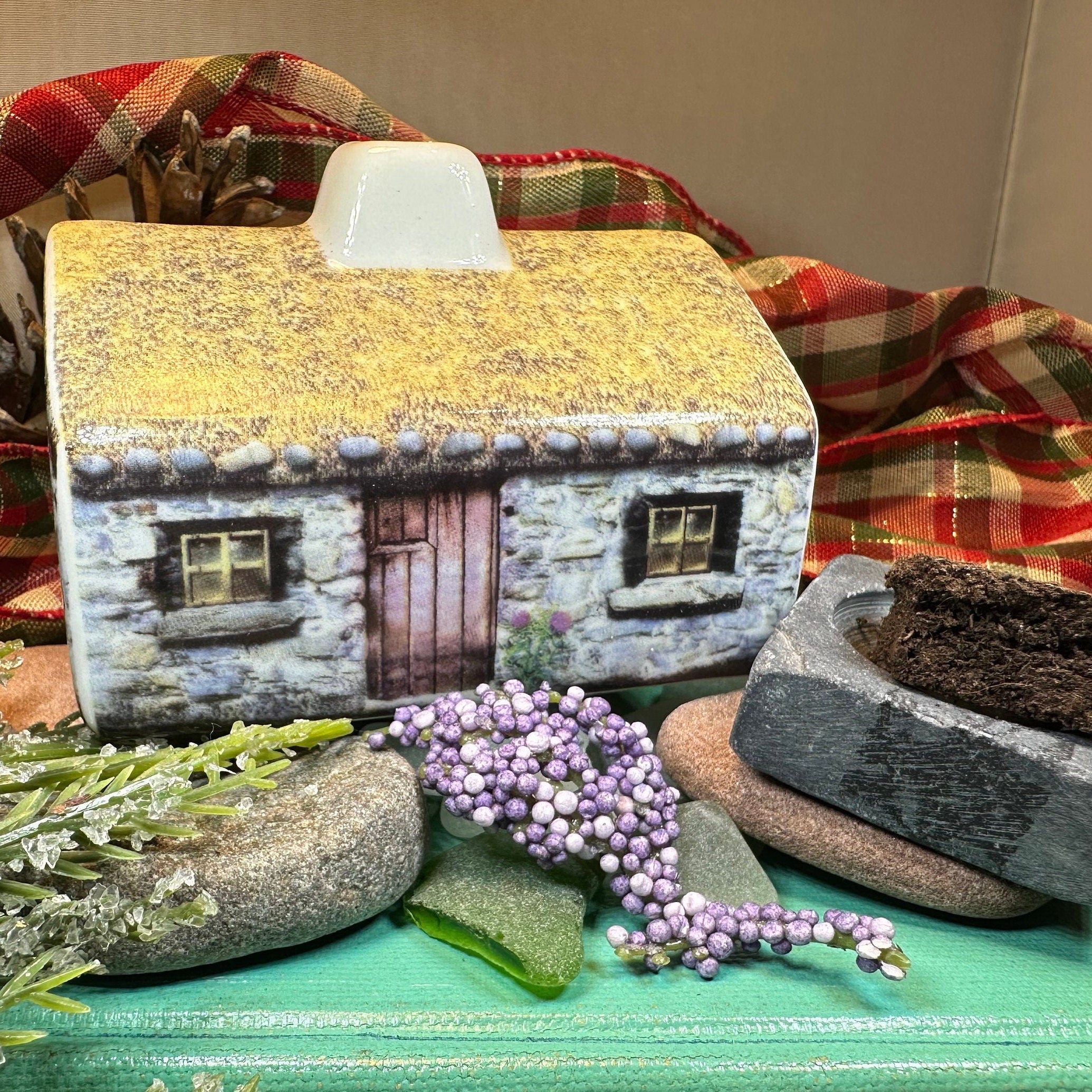 Scottish Cottage Turf Incense Burner by Celtic Crystal Design Jewelry, decorative gift with intricate cottage and turf details.