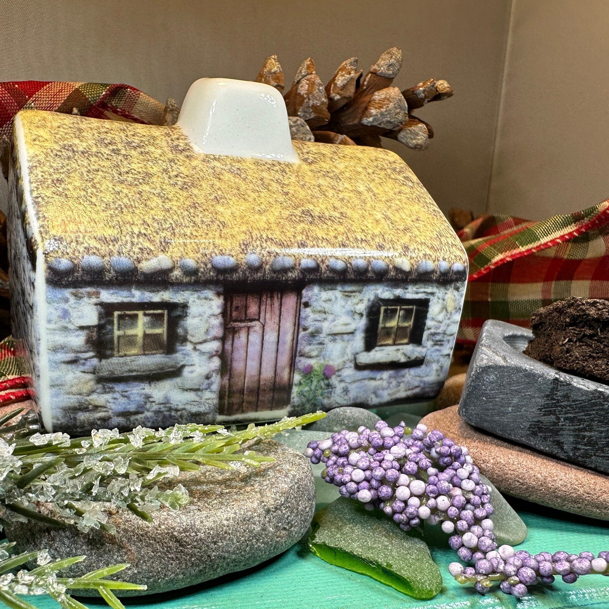 Scottish Cottage Turf Incense Burner by Celtic Crystal Design Jewelry, featuring a detailed miniature cottage for decorative gifting.