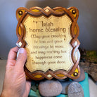 Wooden Irish home blessing wall plaque by Celtic Crystal Design Jewelry, featuring traditional Irish symbols and heartfelt message.