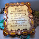 Wooden Irish home blessing wall plaque from Celtic Crystal Design Jewelry, featuring traditional Irish symbols and heartfelt message.