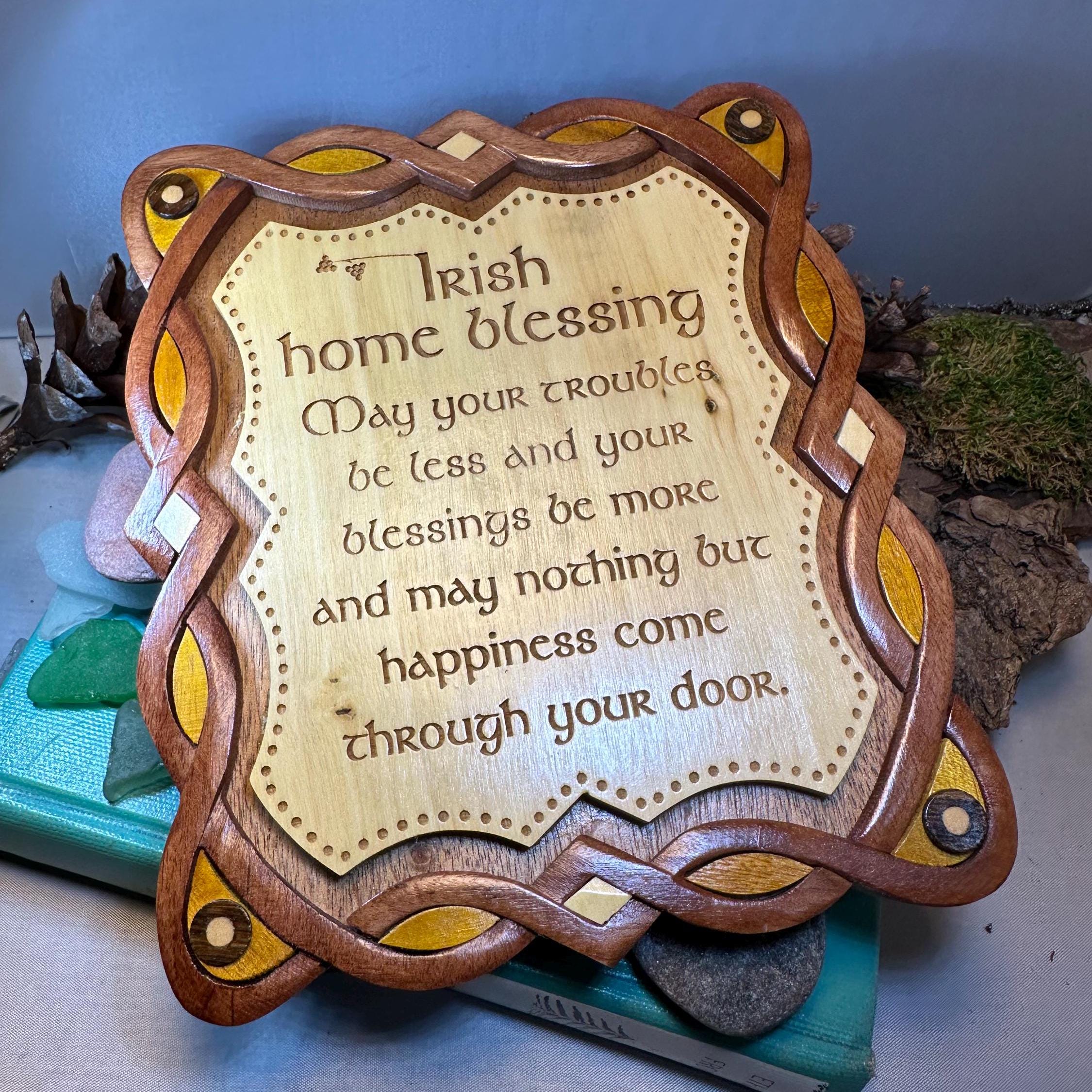 Wooden Irish home blessing wall plaque from Celtic Crystal Design Jewelry, featuring traditional Irish script and decorative Celtic patterns.