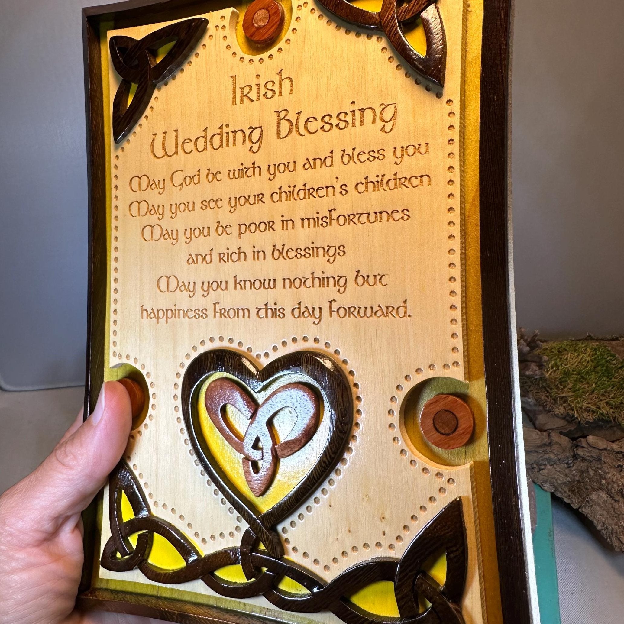 Wooden Irish Wedding Blessing wall plaque with Celtic design and engraved lettering, ideal as a heartfelt gift from Celtic Crystal Design Jewelry.