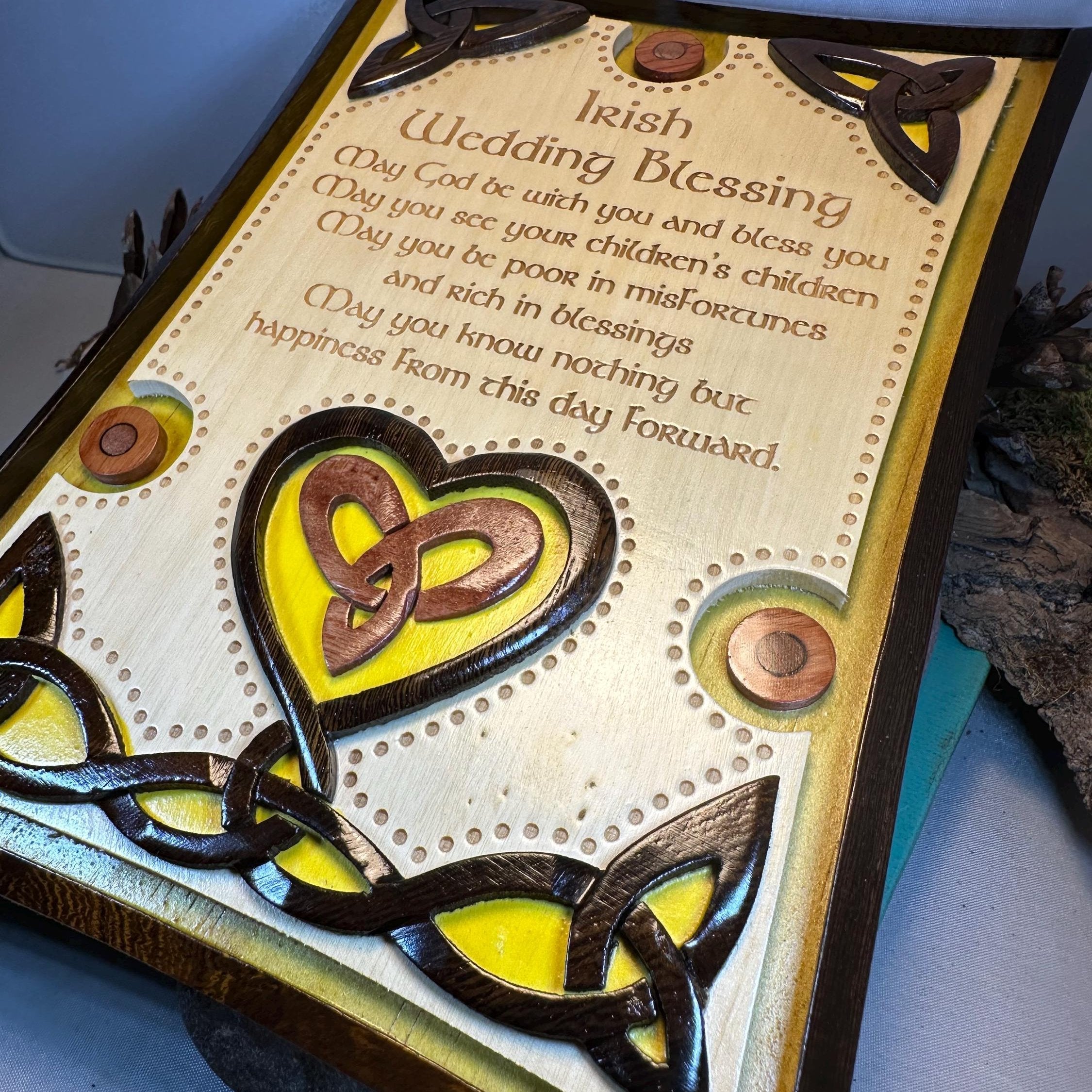 Wooden Irish Wedding Blessing wall plaque with Celtic design, featuring engraved Gaelic text, suitable as a wedding gift.