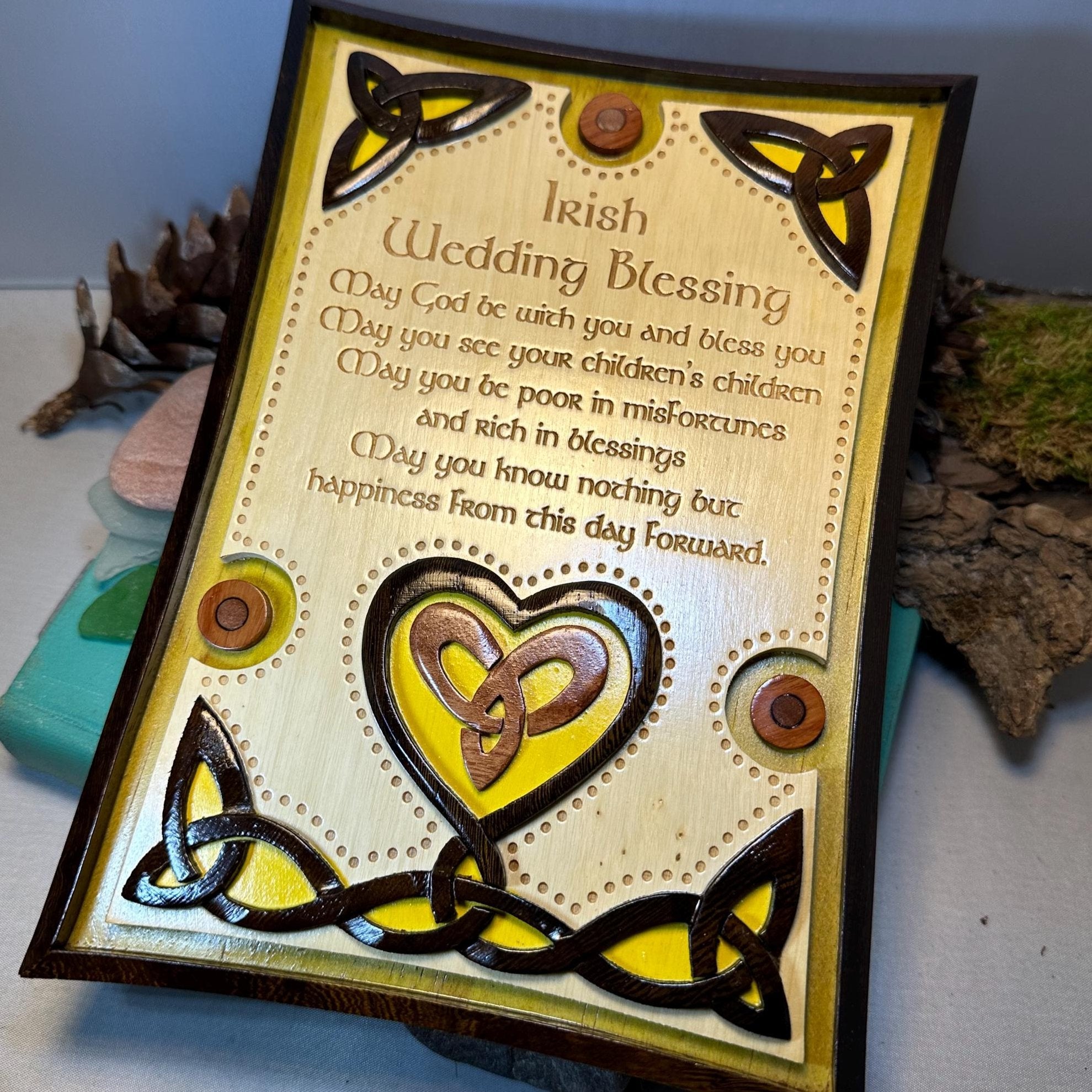Wooden Irish wedding blessing wall plaque with Celtic design, featuring engraved Irish blessing for wedding gifts by Celtic Crystal Design Jewelry.