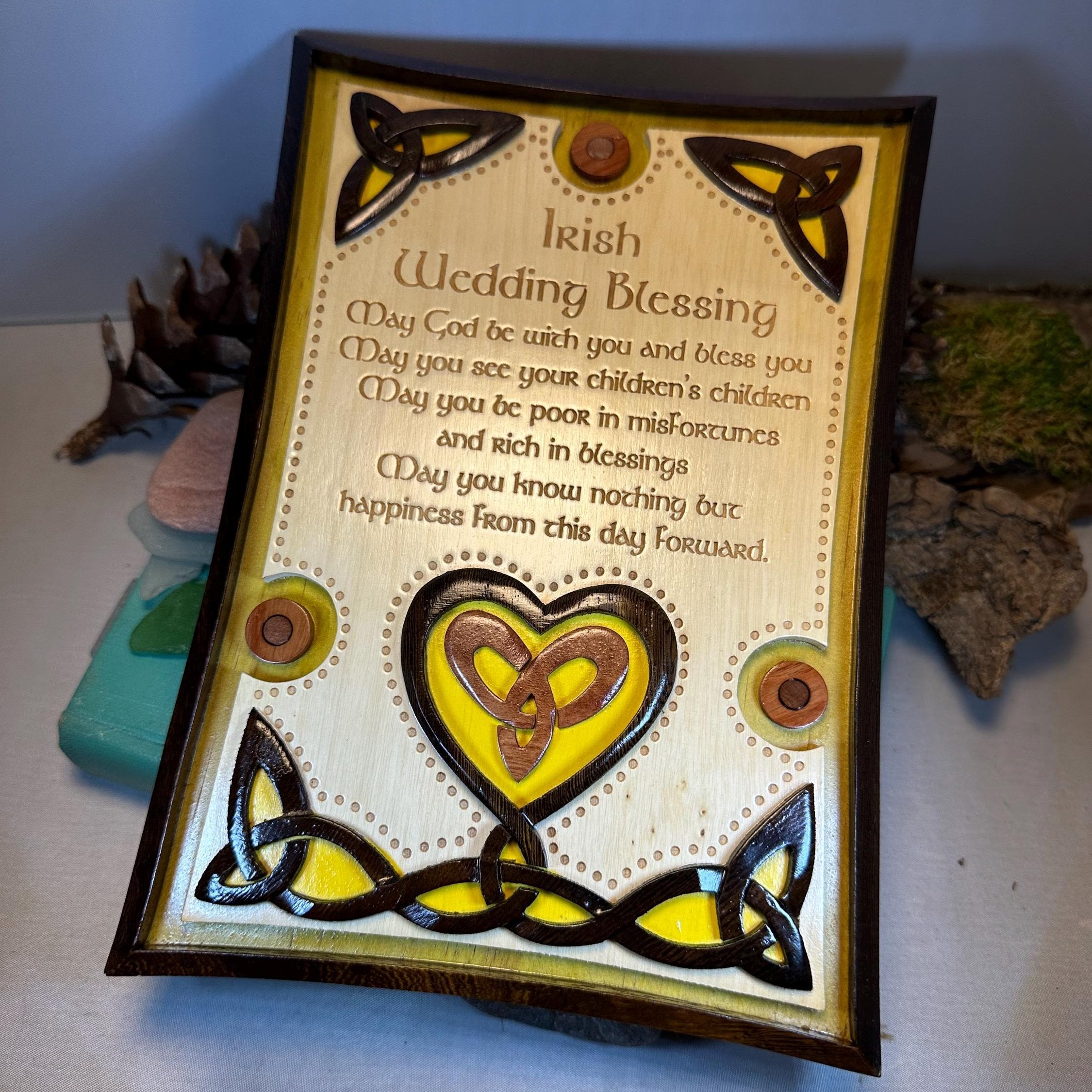 Wooden Irish Wedding Blessing wall plaque with Celtic design, perfect as a gift, featuring engraved Irish blessing text.