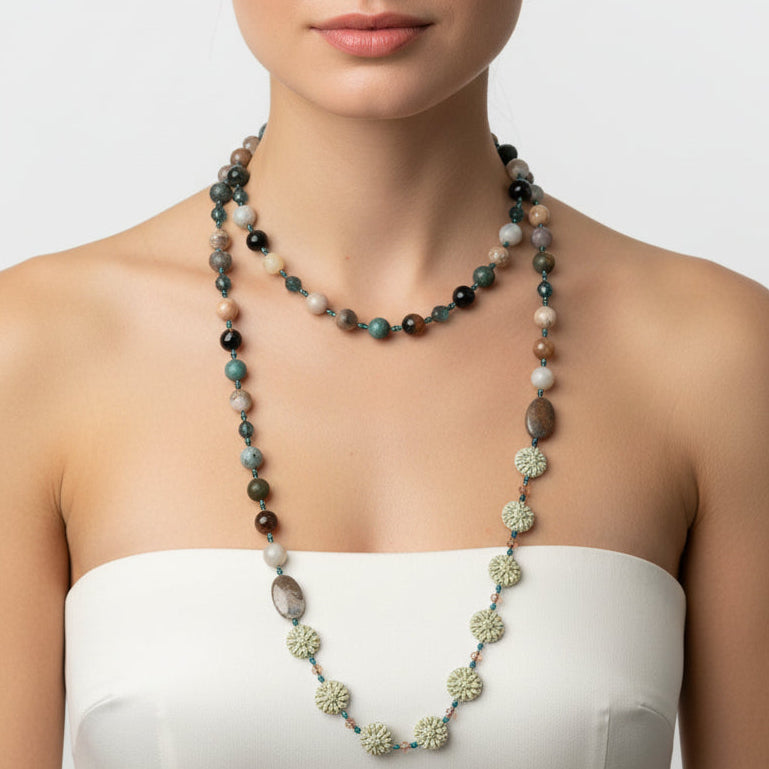 Celtic Crystal Design Jewelry Autumn Morning Long Necklace featuring intricate Celtic patterns and sparkling crystal accents.