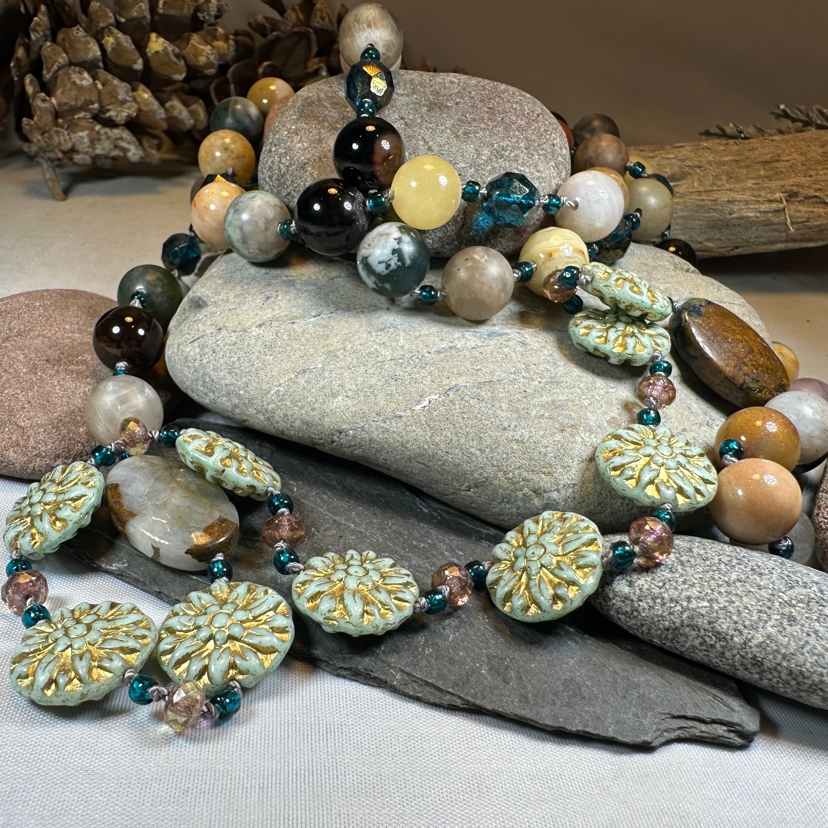 Celtic Crystal Design Jewelry Autumn Morning Long Necklace featuring intricate crystal details and a delicate pendant.