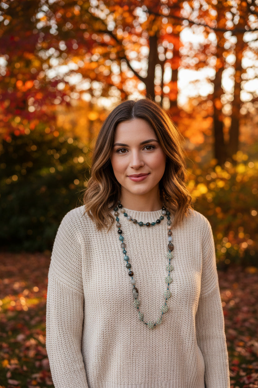 Celtic Crystal Design Jewelry Autumn Morning Long Necklace, elegant necklet with intricate Celtic-inspired crystal detailing.
