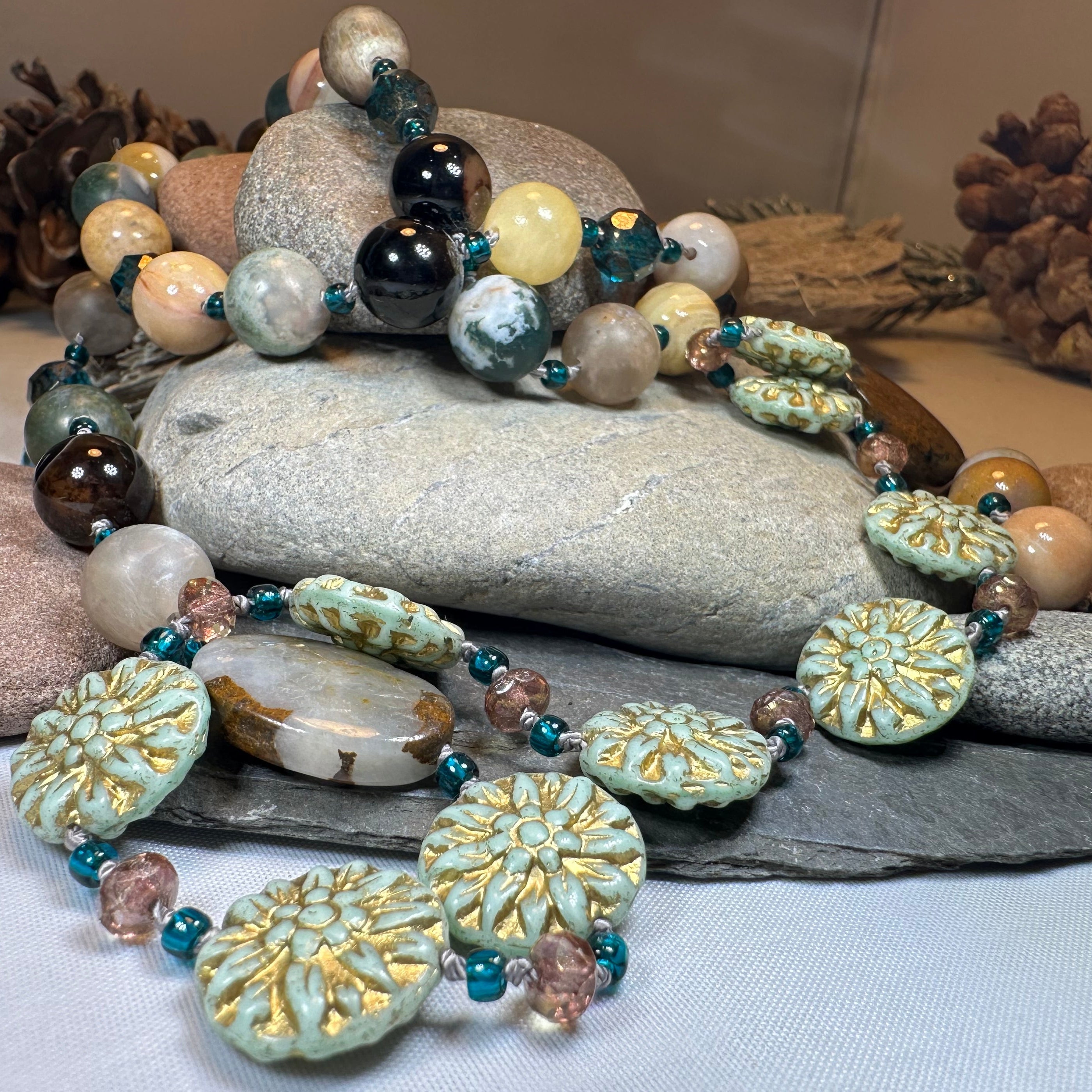 Celtic Crystal Design Jewelry Autumn Morning long necklace with intricate Celtic motifs and shimmering crystal accents.