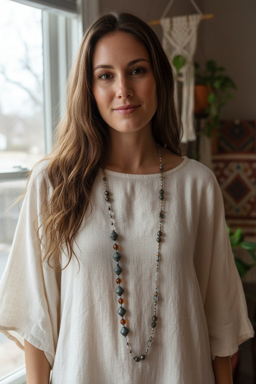 Celtic Crystal Design Jewelry Duneflower Mist long necklace with intricate Celtic-inspired pendant and delicate chain.