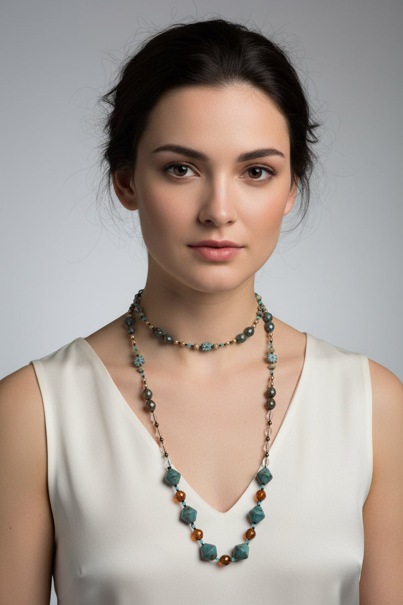 Celtic Crystal Design Jewelry Duneflower Mist long necklet featuring a delicate, elegant necklace with Celtic-inspired crystal details.