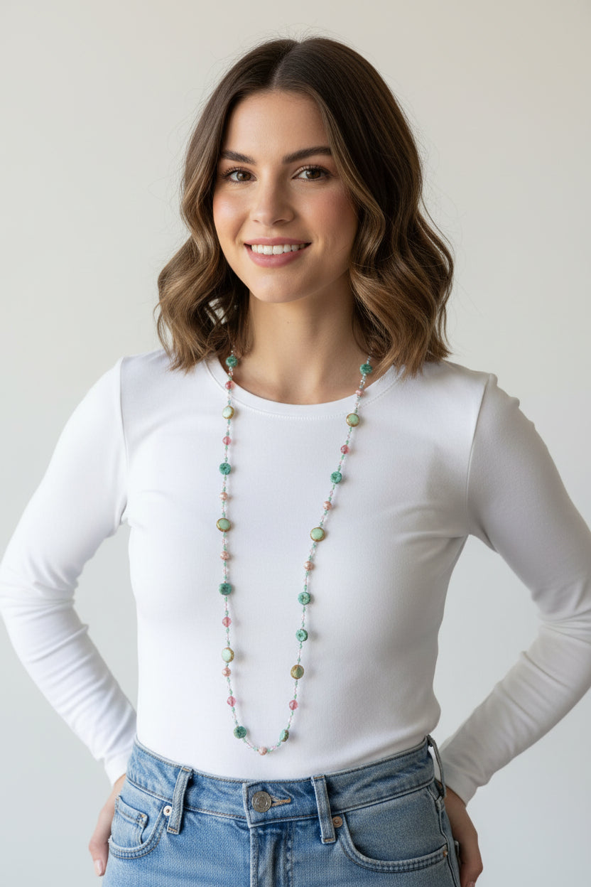 Pink Beach Blossom long necklace by Celtic Crystal Design Jewelry featuring a delicate, floral-inspired necklet with pink accents.