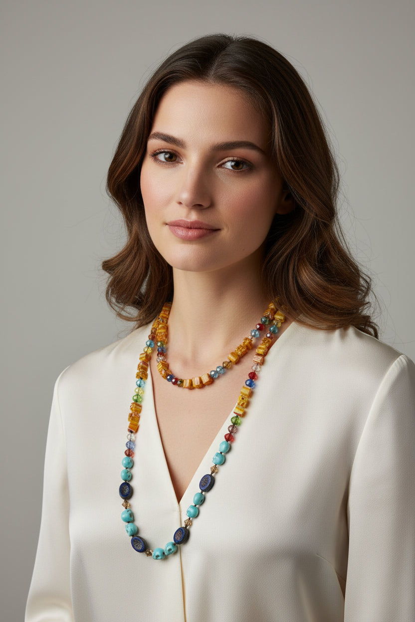 Tropical Carnival long necklet necklace by Celtic Crystal Design Jewelry featuring vibrant, colorful beads and intricate design.