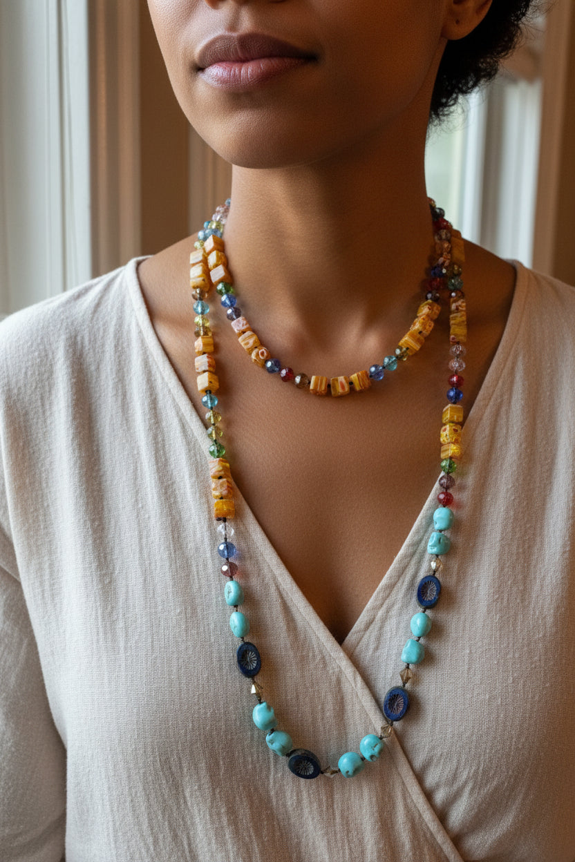 Celtic Crystal Design Jewelry tropical carnival long necklace with vibrant beads and intricate Celtic-inspired details.