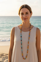Celtic Crystal Design Jewelry Tropical Carnival long necklace with colorful beads and intricate Celtic-inspired details.