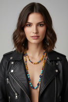 Celtic Crystal Design Jewelry Tropical Carnival long necklace with colorful beads and intricate pendant, elegant jewelry accessory.