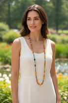 Celtic Crystal Design Jewelry tropical carnival long necklace, elegant necklet with vibrant tropical-themed beads and intricate Celtic accents.