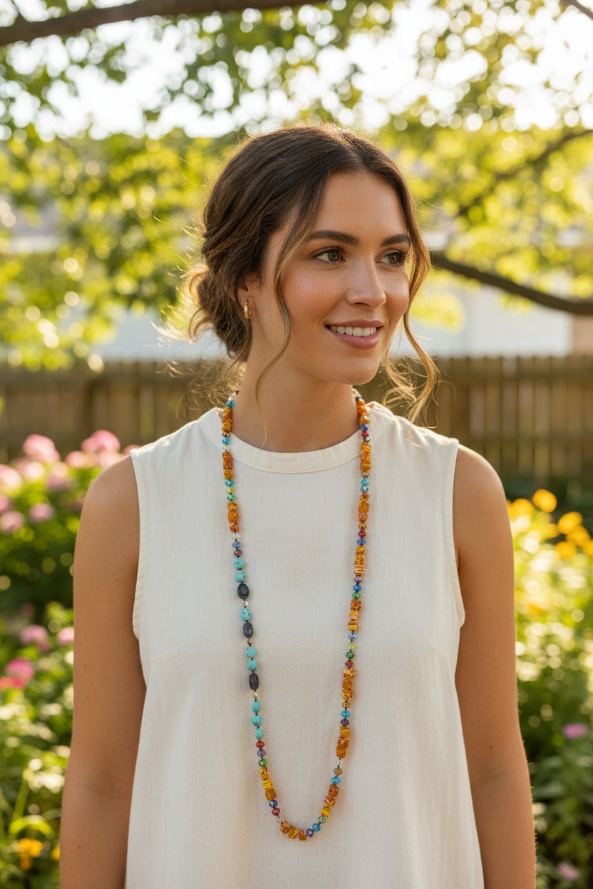 Celtic Crystal Design Jewelry tropical carnival long necklace featuring colorful beads and intricate Celtic-inspired details.