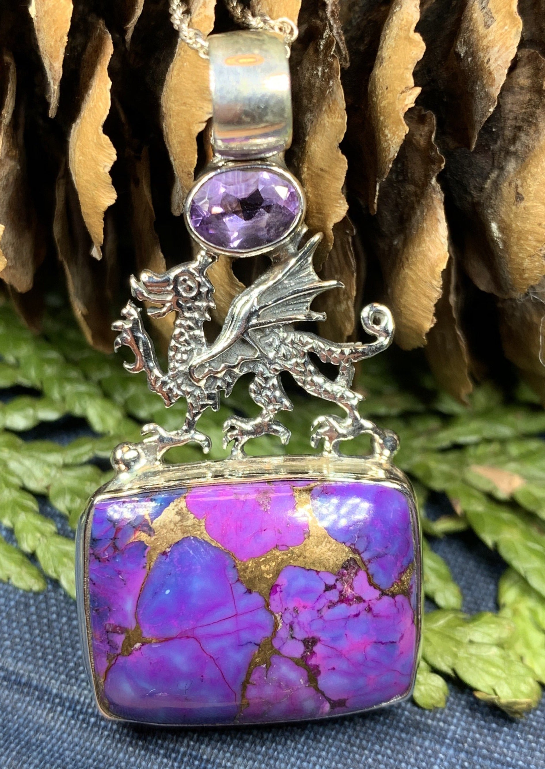 Celtic Crystal Design Jewelry dragon turquoise pendant necklace featuring a blue citrine stone and intricate Celtic pattern.