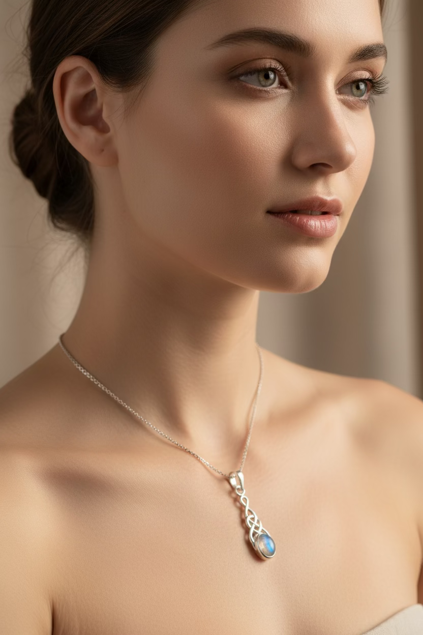 Celtic Crystal Design Jewelry Dublin Celtic Knot Necklace pendant with intricate knot pattern in silver finish.