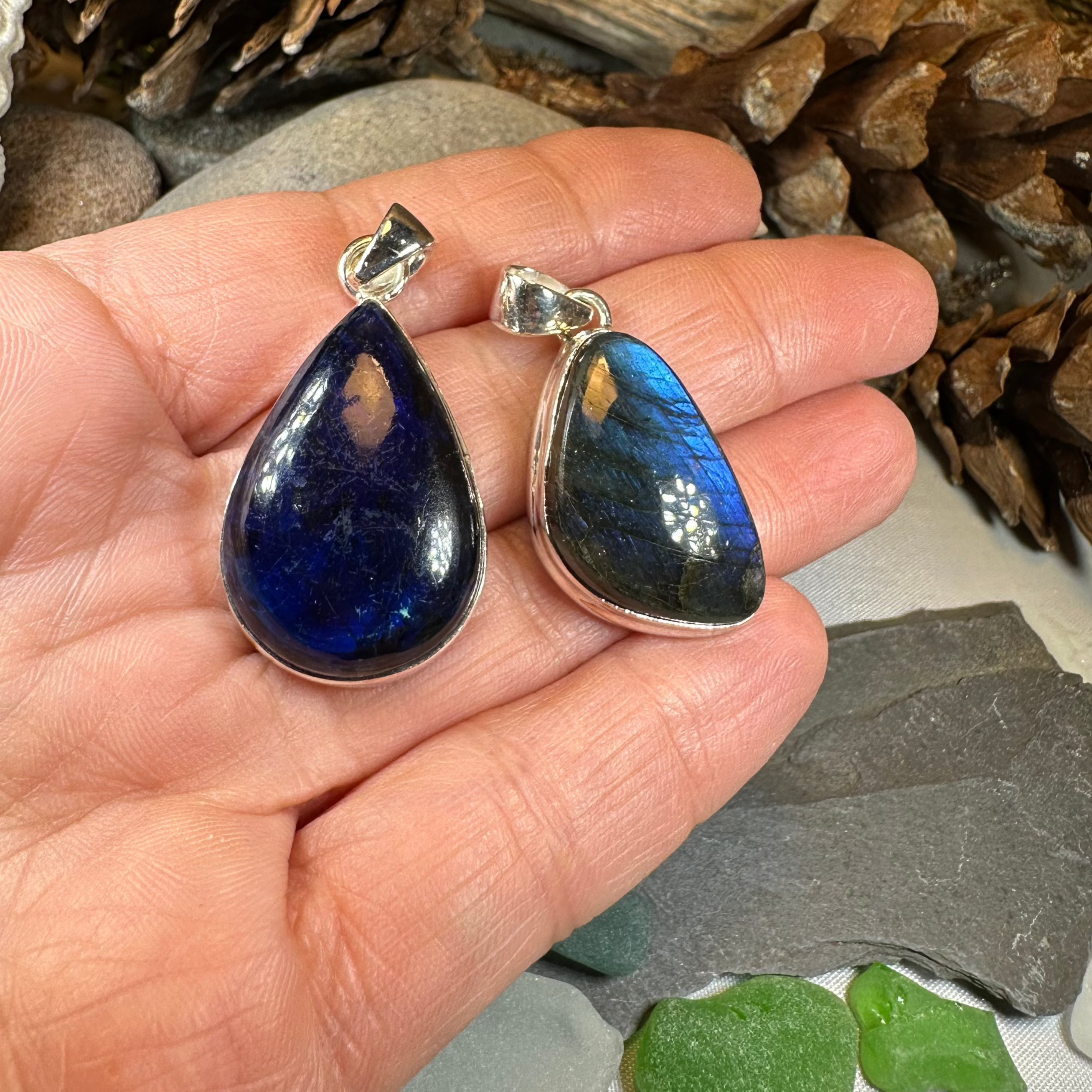 Galaxy blue Labradorite pendant necklace by Celtic Crystal Design Jewelry featuring an 18-inch extra-large gemstone with intricate Celtic detailing.