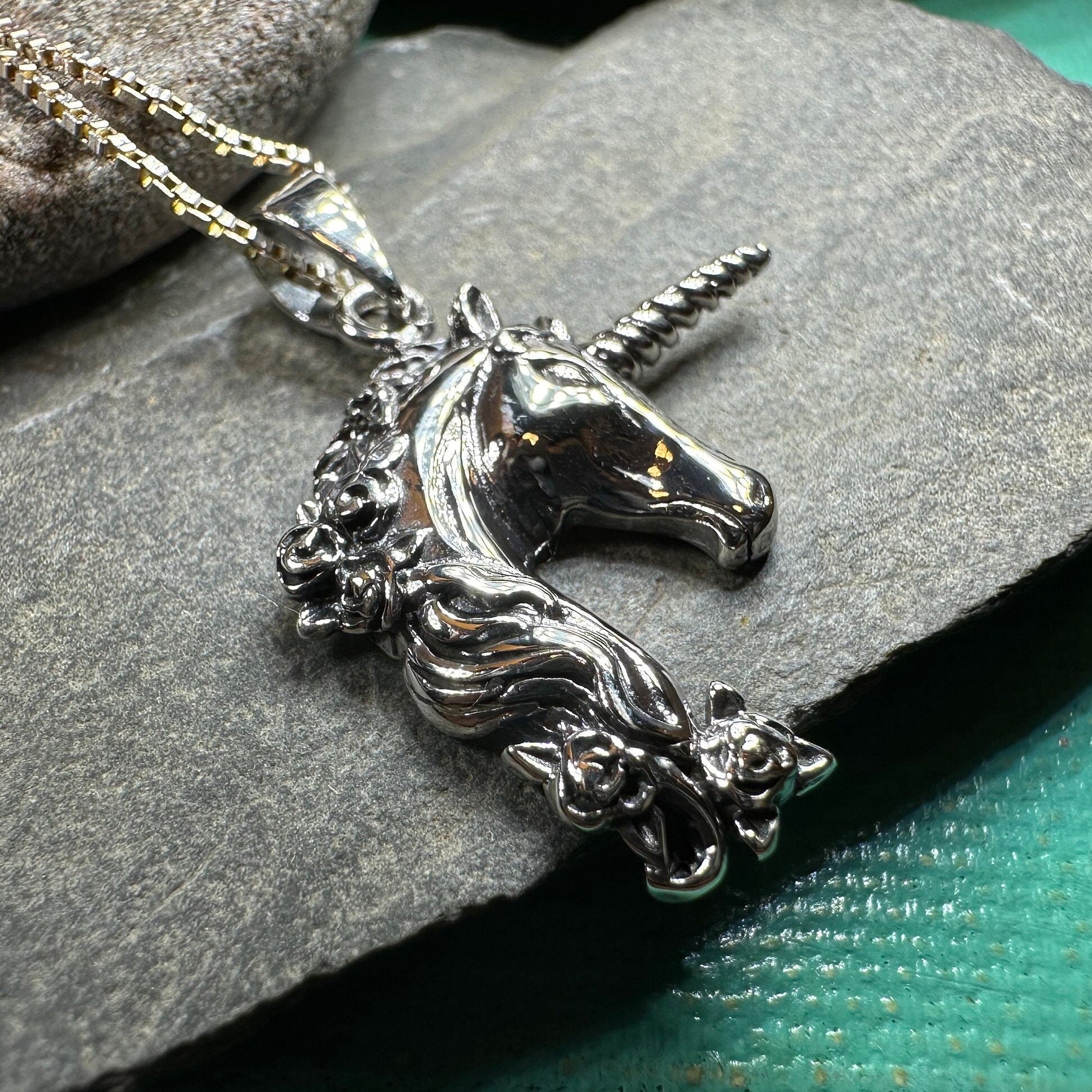 Celtic Crystal Design Jewelry Gwenllian Unicorn Necklace pendant featuring a detailed unicorn charm on a delicate chain.