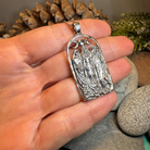 Celtic Crystal Design Jewelry Hecate Triple Goddess pendant necklace with intricate Celtic knot detailing and silver finish.