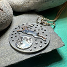 Celtic Crystal Design Jewelry Moonjumper Rabbit pendant necklace featuring a detailed rabbit charm on a silver chain.