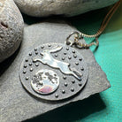 Celtic Crystal Design Jewelry Moonjumper Rabbit pendant necklace featuring a detailed moonjumper rabbit design.