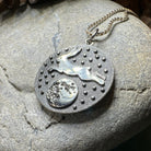 Celtic Crystal Design Jewelry Moonjumper Rabbit pendant necklace, detailed silver-toned jewelry with intricate rabbit motif.