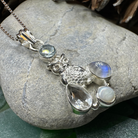 Celtic Crystal Design Jewelry Misty Morning Moonstone Owl Pendant necklace with topaz accents, detailed owl design on silver chain