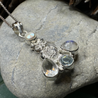 Celtic Crystal Design Jewelry Misty Morning Moonstone Owl Pendant with topaz accents, featuring a detailed moonstone owl necklace.