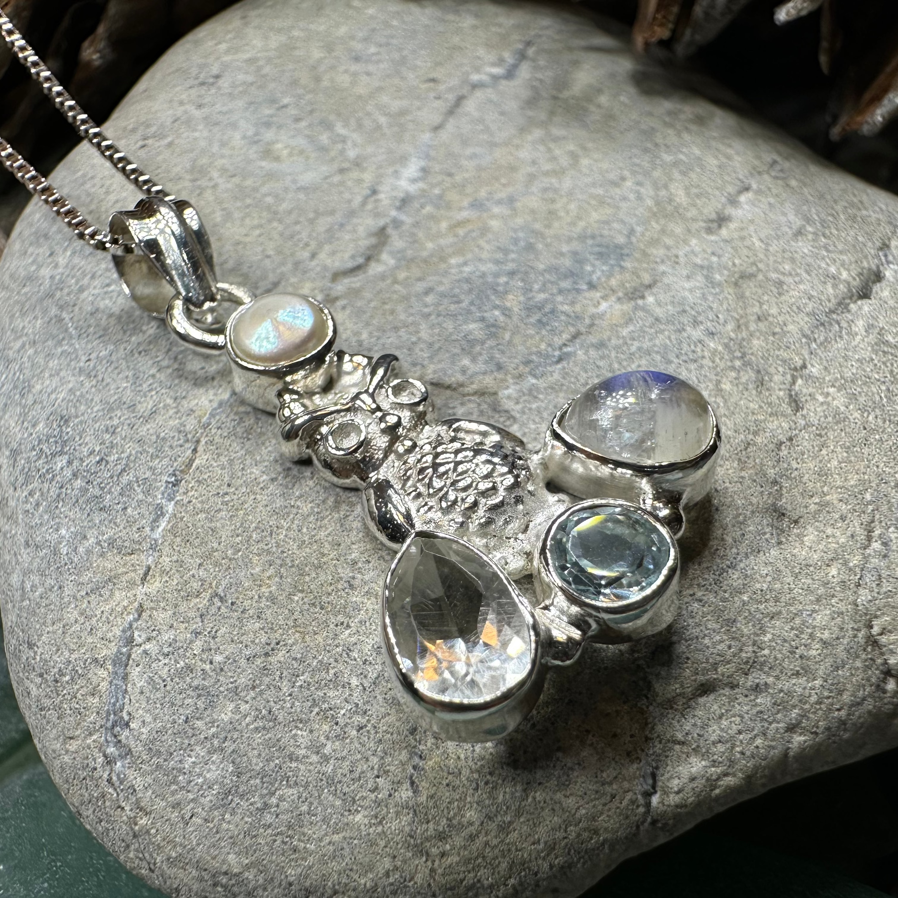Celtic Crystal Design Jewelry Misty Morning Moonstone Owl Pendant with topaz accents, featuring a detailed moonstone owl necklace.