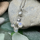 Celtic Crystal Design Jewelry Misty Morning Moonstone Owl Pendant necklace featuring a moonstone and topaz owl charm.