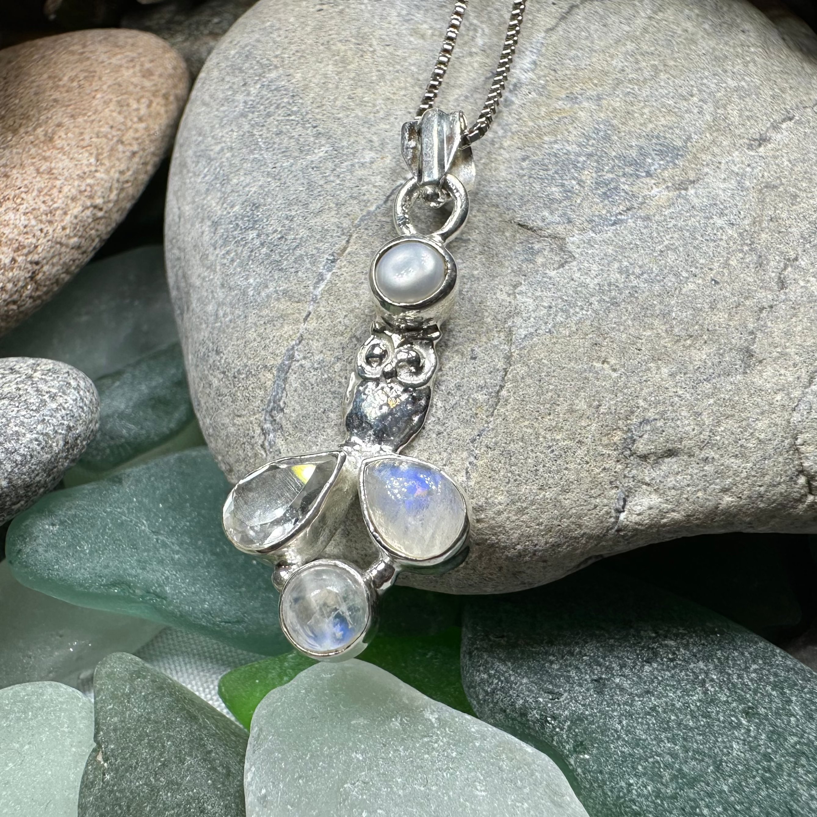 Celtic Crystal Design Jewelry Misty Morning Moonstone Owl Pendant necklace featuring a moonstone and topaz owl charm.