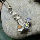 Celtic Crystal Design Jewelry Misty Morning Moonstone Owl Pendant with topaz accents, featuring a detailed moonstone owl necklace.