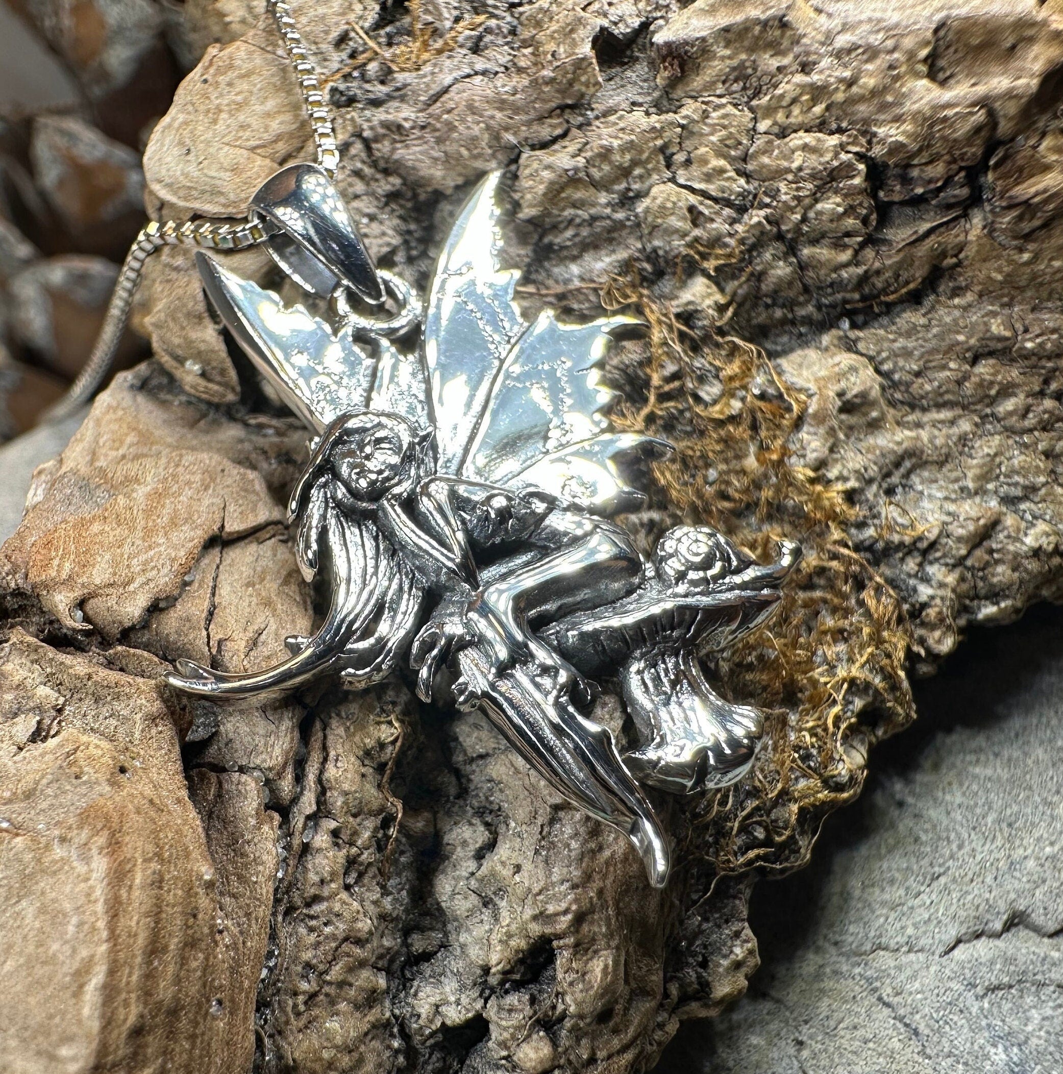 Celtic Crystal Design Jewelry Toadstool Fairy Necklace pendant with intricate fairy and mushroom design on silver chain