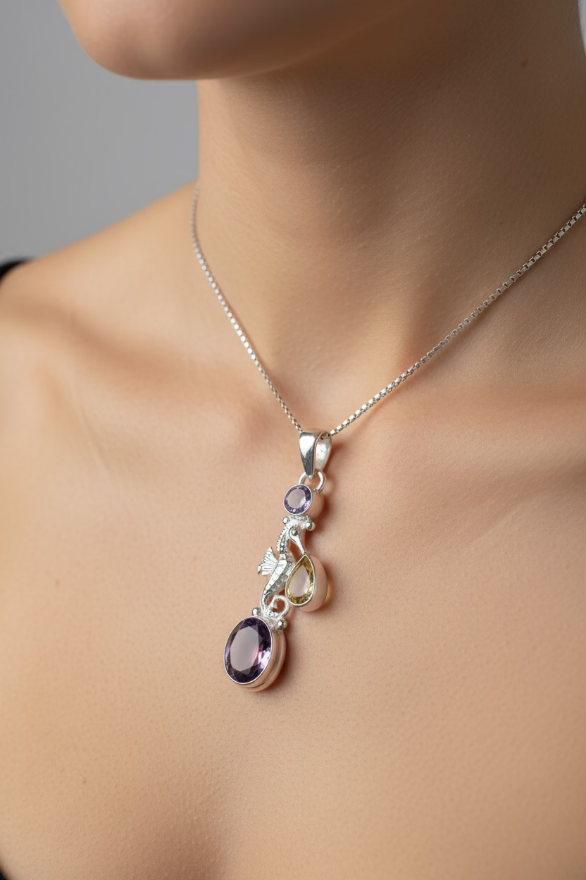 Celtic Crystal Design Seahorse Necklace pendant with topaz and amethyst gemstones, featuring a detailed seahorse design.