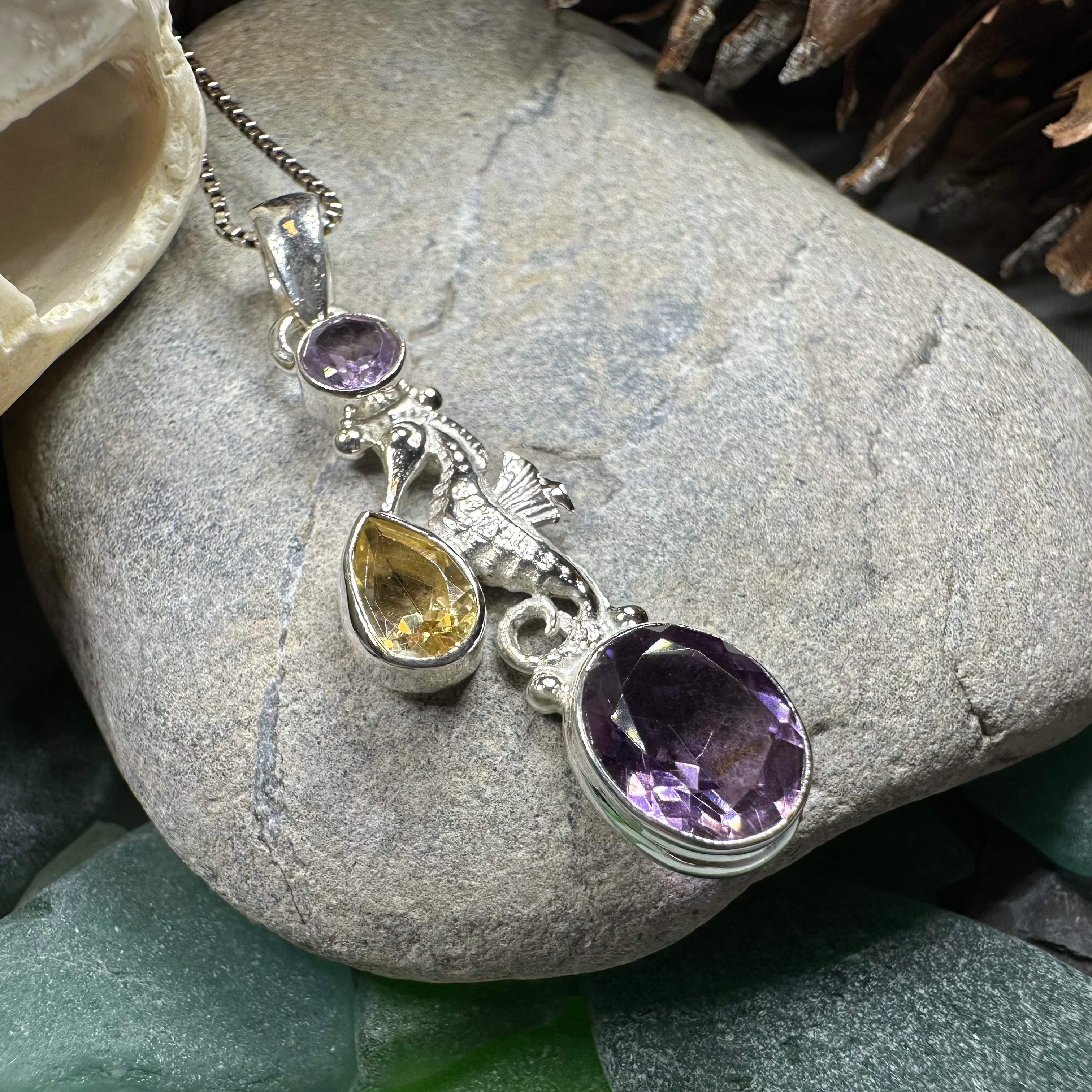 Celtic Crystal Design Jewelry Seamist Seahorse Pendant necklace featuring Topaz and Amethyst gemstones in a detailed seahorse design