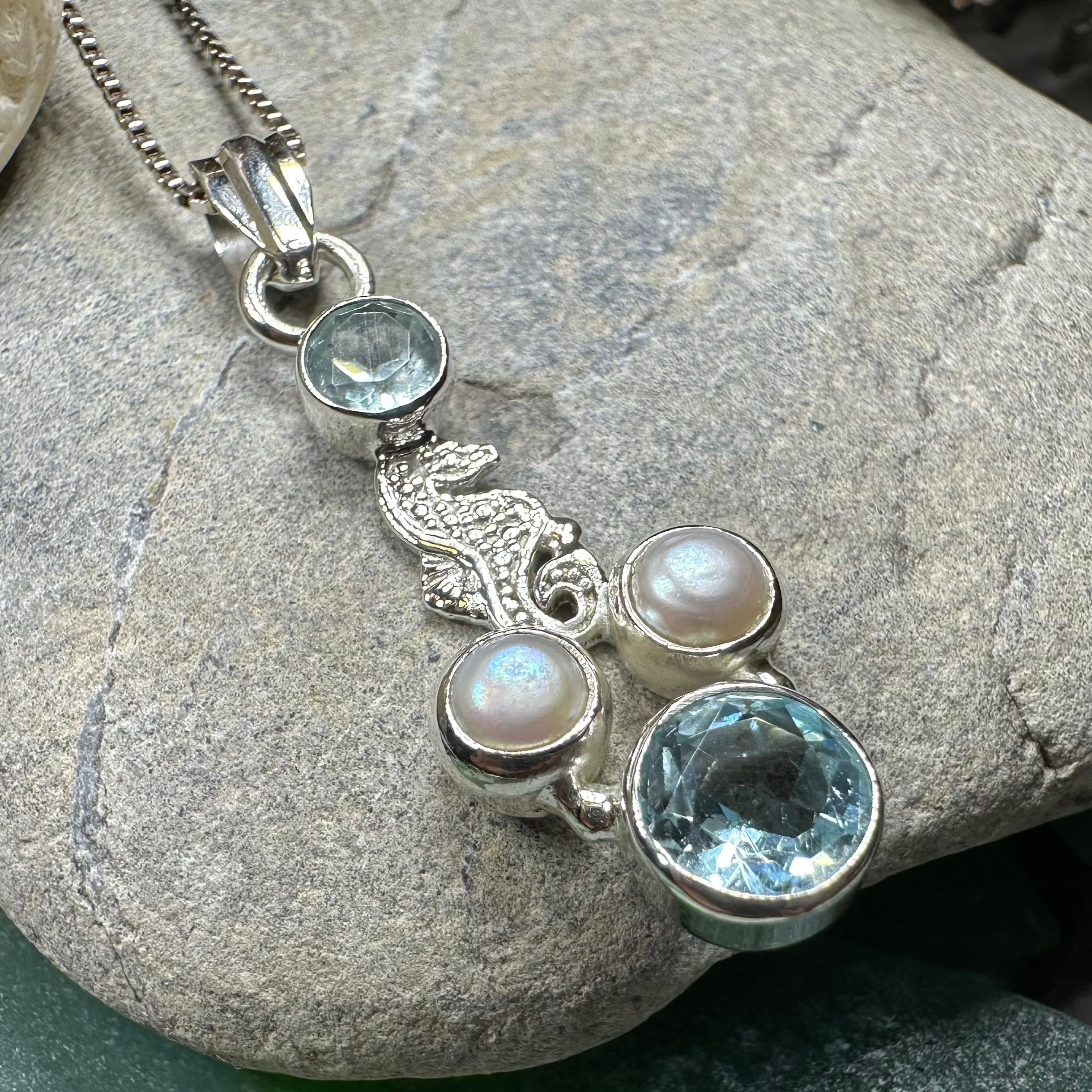 Seamist Seahorse Necklace pendant with topaz and amethyst by Celtic Crystal Design Jewelry, featuring intricate seahorse charm.