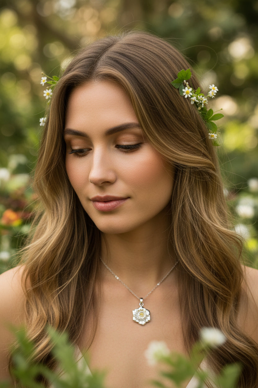 Celtic Crystal Design Jewelry Welsh Daffodil Pendant necklace with intricate floral detailing, crafted in silver-tone metal.