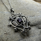 Celtic Crystal Design Jewelry Amethyst Luckenbooth pendant necklace featuring a detailed Celtic heart design with a purple amethyst gemstone.