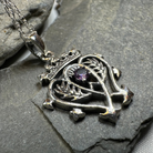 Amethyst Luckenbooth pendant necklace by Celtic Crystal Design Jewelry featuring a detailed Celtic-style design and purple amethyst gemstone