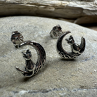 Celtic Cat and Crescent Moon stud earrings by Celtic Crystal Design Jewelry, featuring detailed metalwork and celestial motifs.